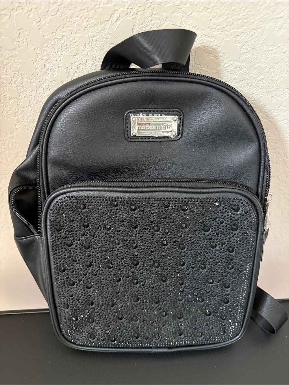 Madden Girl Black Mini Backpack with Studded Front Panel